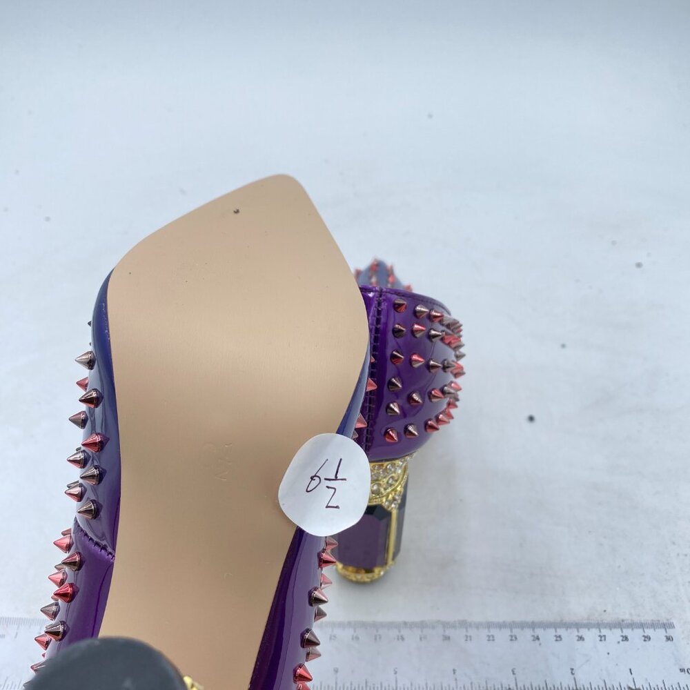 FSJ Blue Purple Rivets Bridal Pointed Toe Chunky Heel Crystal Pumps Dress Shoes - Picture 6 of 8